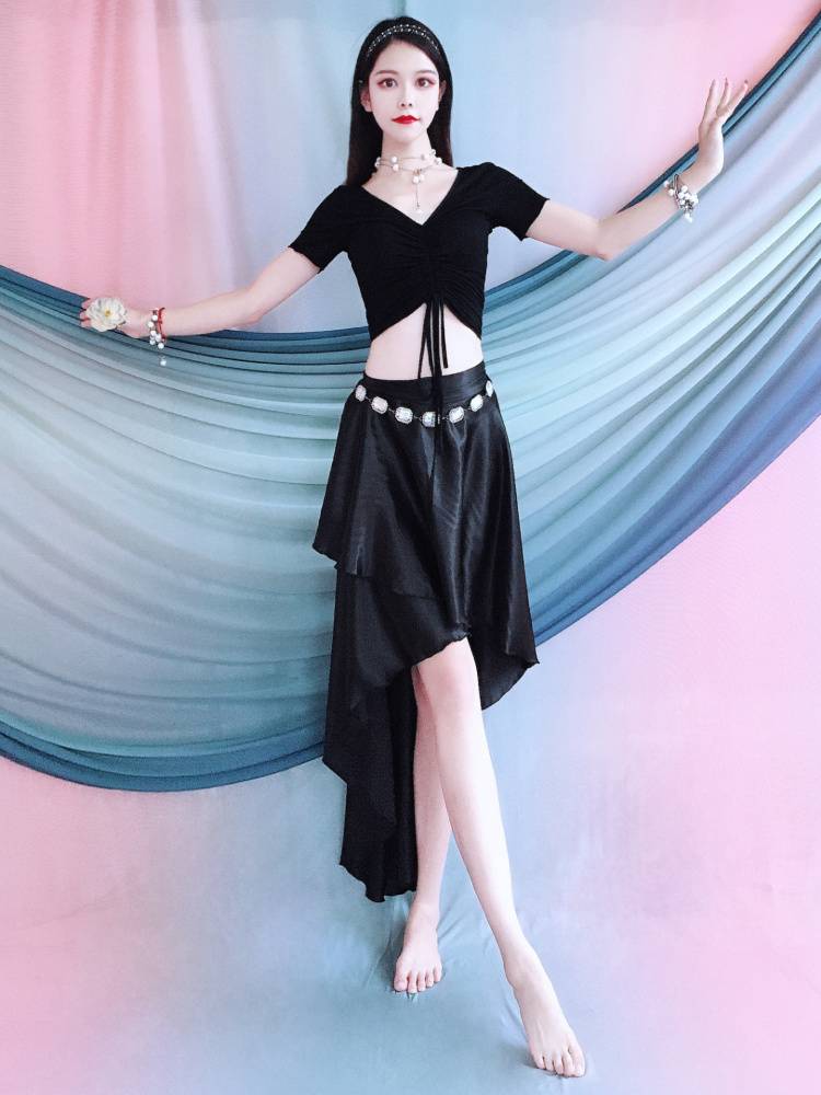 Belly Dance Black Modal top A piece of wrap skirt is thin and irregular hip towel set summer children's performance suit