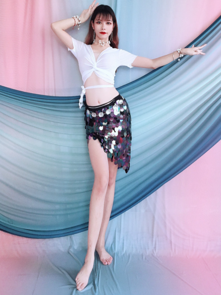 Baiya Qianhui Belly Dance Stage Performance Services 2024 Spring New Middle Short Set Practice Mermaid Hop Tissue Woman