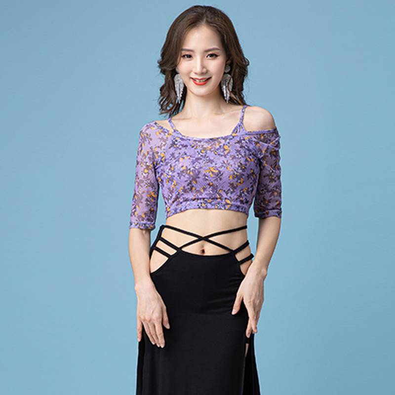 Belly dance exercise clothes Delo shoulder sexy dance female 2024 new net yarn printed performance dance clothes