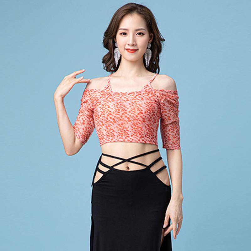 Belly dance exercise clothes Delo shoulder sexy dance female 2024 new net yarn printed performance dance clothes