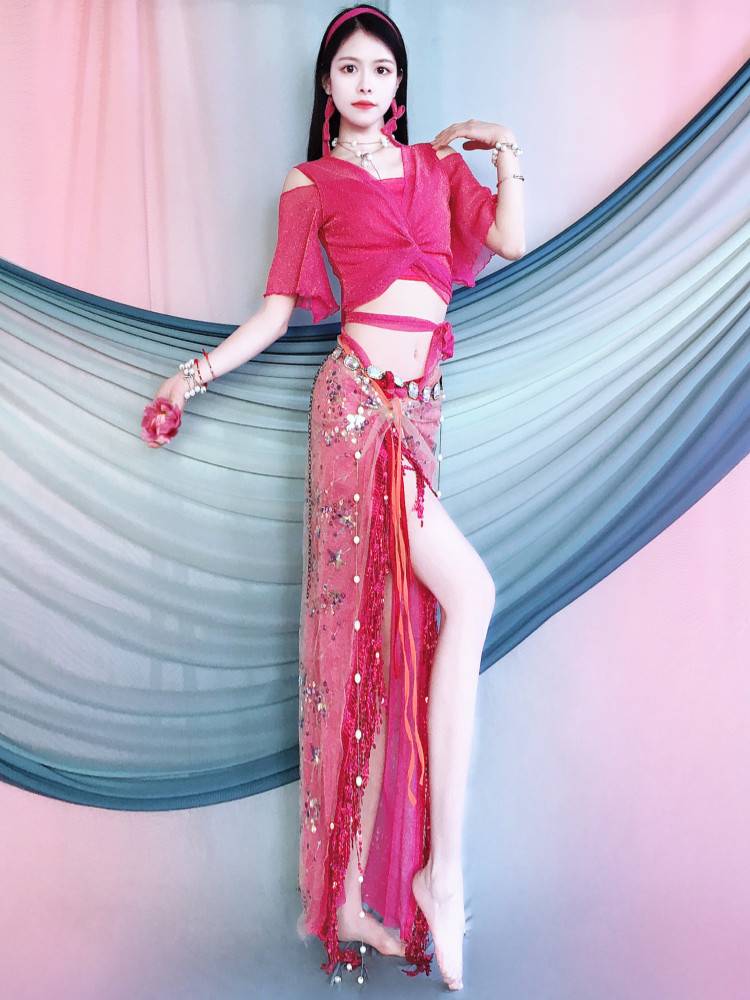 Belly Dance Clothing 2024 Olippoted Delutinus Short -sleeved Beads Fracket Sotes Embroidery Set Training Service Summer Children's Performance Services