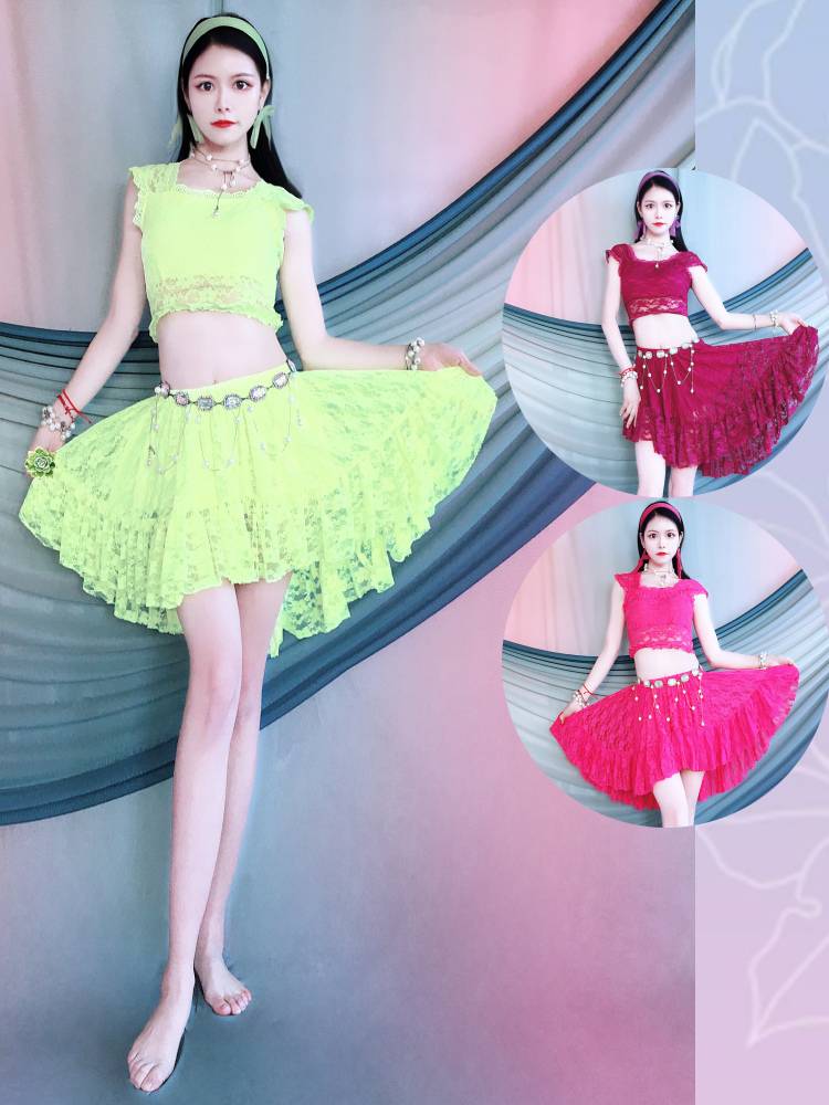 Belly Dance Clothing 2024 new exercise uniforms in spring and summer lace big skirt set training clothes children's dance clothing
