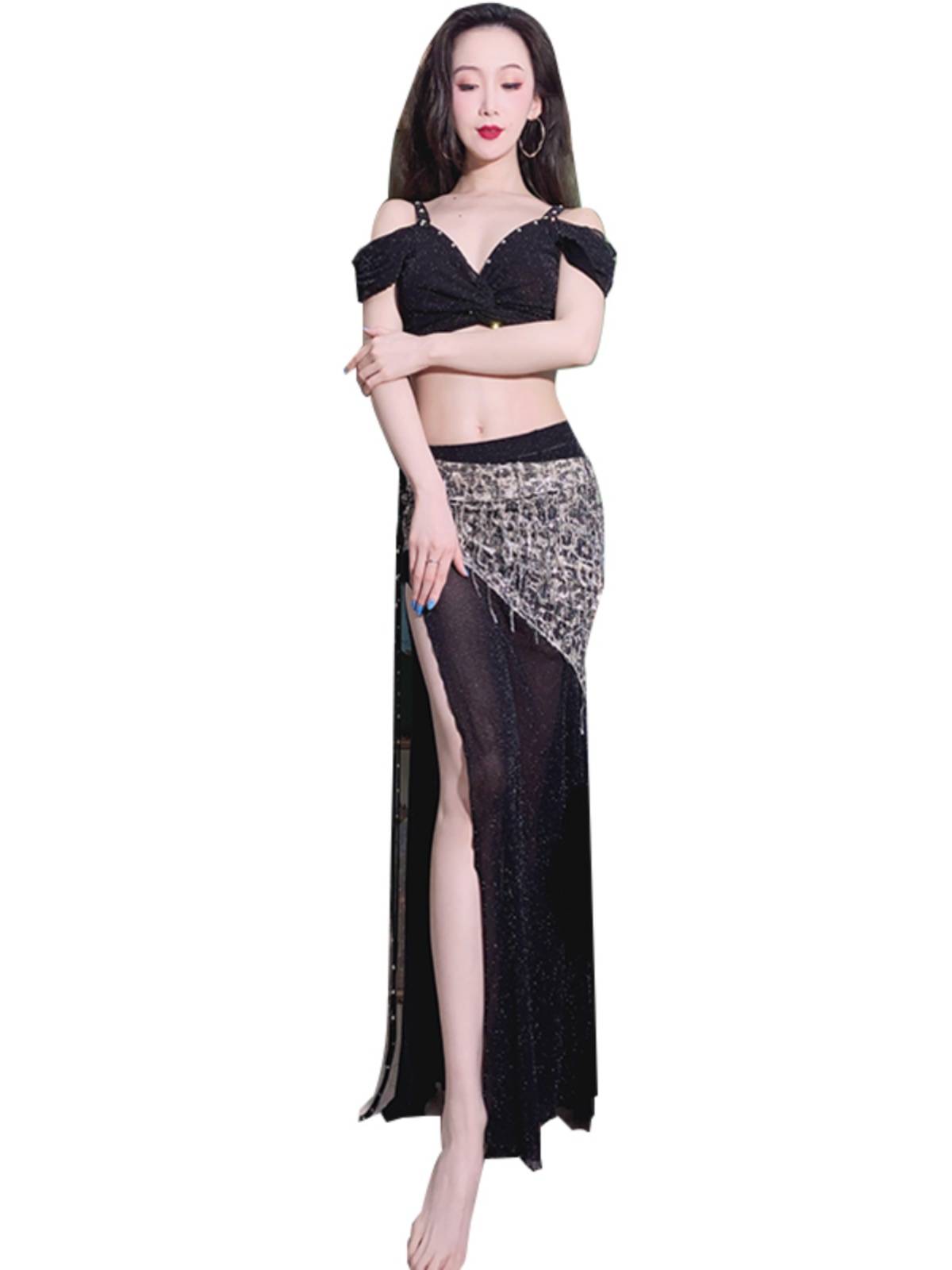 Belly dance exercises 2024 spring new high -end with drilling white streaming skirt elastic dance dance set