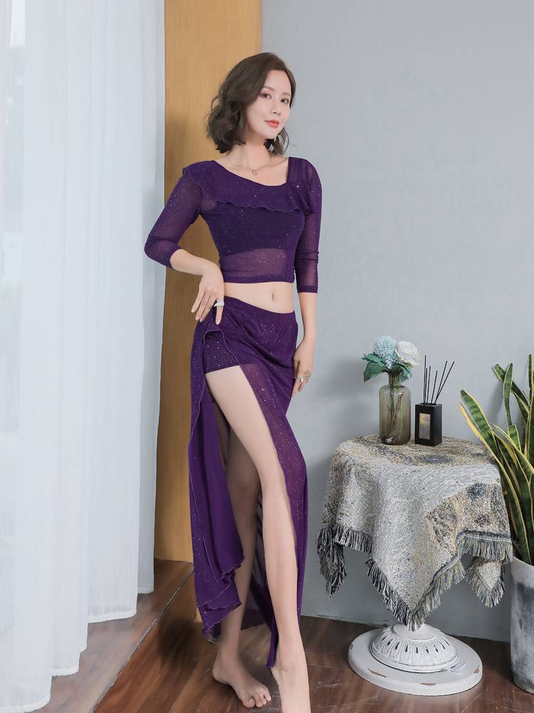 2023 new belly dance exercise exercises Four seasons Oriental dance scholars sexy opening long skirt two -piece performance suit