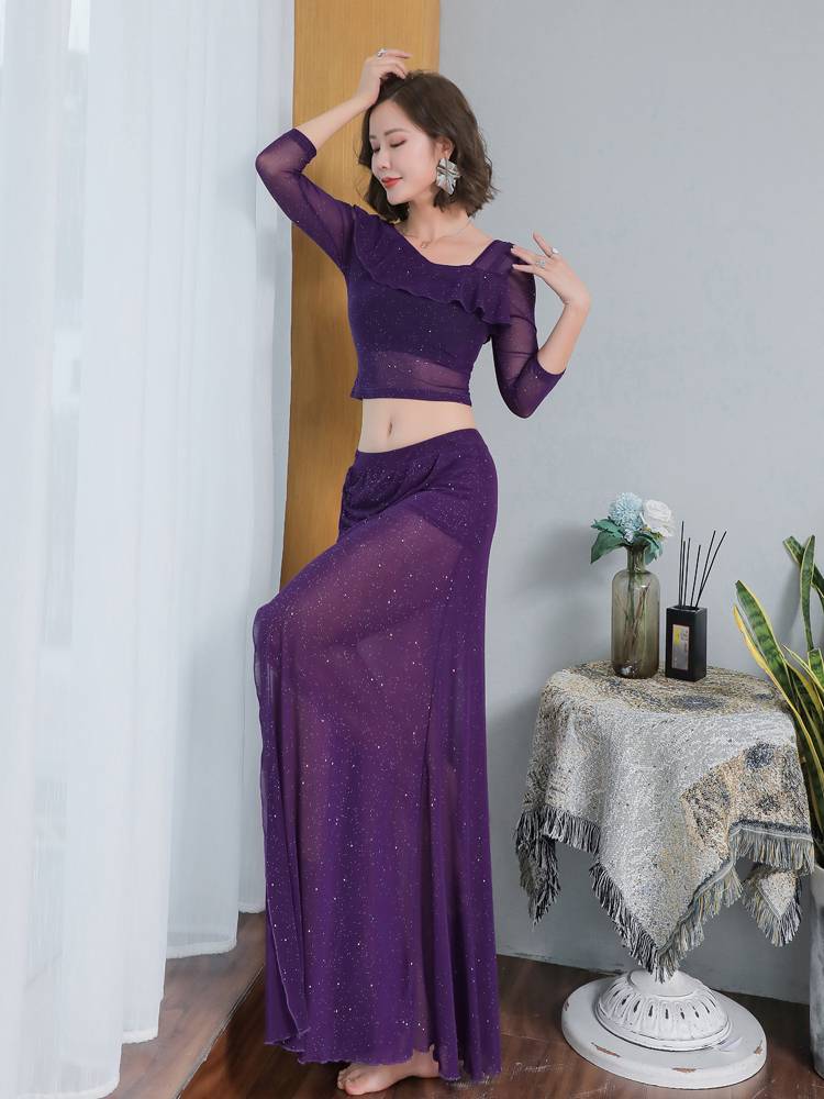 2023 new belly dance exercise exercises Four seasons Oriental dance scholars sexy opening long skirt two -piece performance suit