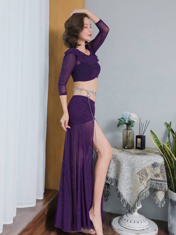 2023 new belly dance exercise exercises Four seasons Oriental dance scholars sexy opening long skirt two -piece performance suit