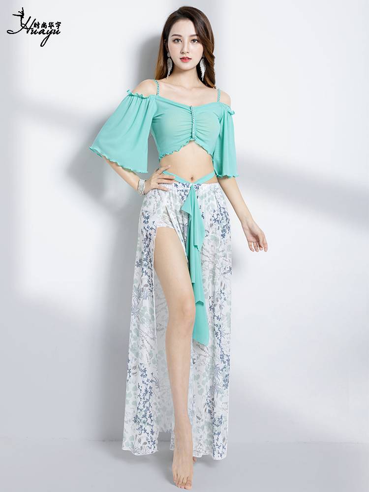 Belly dance clothing new sexy fairy yarn printed long skirt set Oriental dance service senior performance group service girl