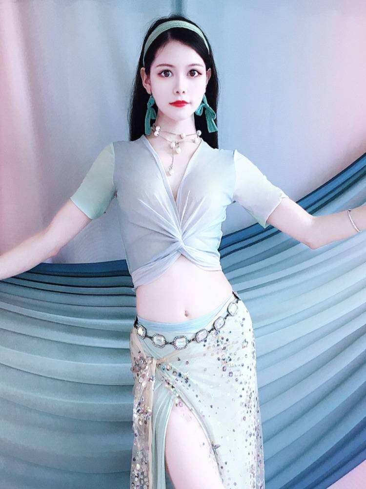 Baiya Qianhui Belly Dance Practice 2024 Summer New Multiple Binding V -neck Top Taps Professional Group Server Performance Service