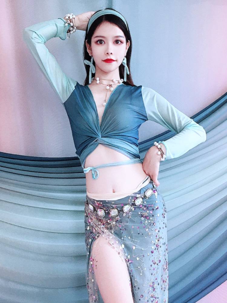 Baiya Qianhui Belly Dance Practice 2024 Summer New Multiple Binding V -neck Top Taps Professional Group Server Performance Service