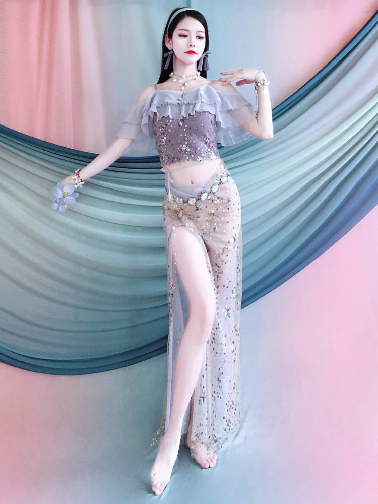 Belly dance clothing lotus leaf bead embroidery set 2024 spring and summer Oriental dance performance service practice training group service children