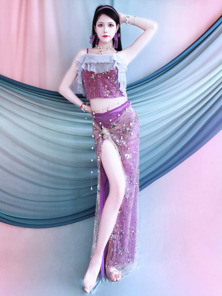 Belly dance clothing lotus leaf bead embroidery set 2024 spring and summer Oriental dance performance service practice training group service children