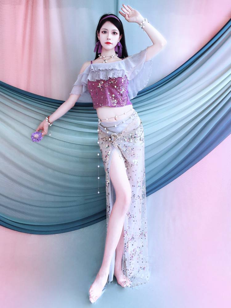Belly dance clothing lotus leaf bead embroidery set 2024 spring and summer Oriental dance performance service practice training group service children