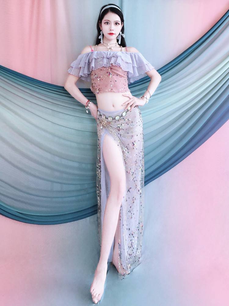 Belly dance clothing lotus leaf bead embroidery set 2024 spring and summer Oriental dance performance service practice training group service children