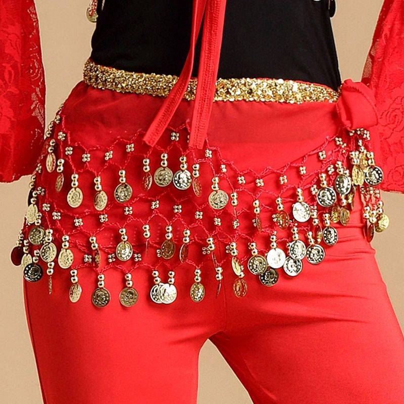 The new belly dance waist chain Indian dance exercise clothing plaza dance clothing clothing hip scarf table performance service gold coin belt