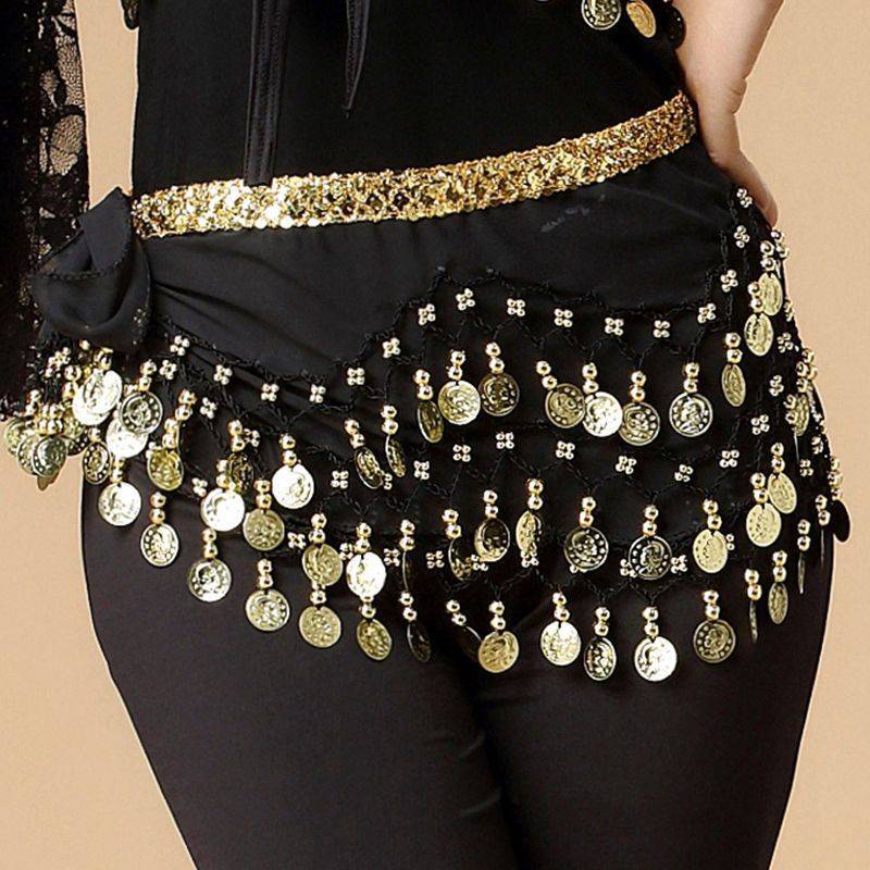 The new belly dance waist chain Indian dance exercise clothing plaza dance clothing clothing hip scarf table performance service gold coin belt