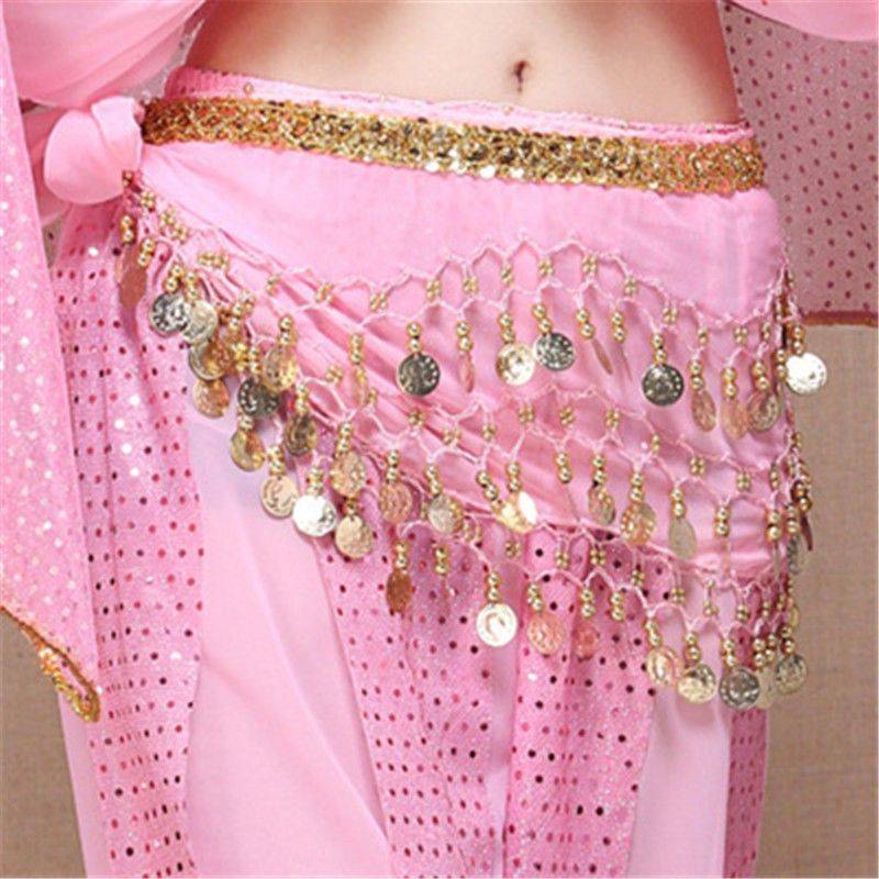The new belly dance waist chain Indian dance exercise clothing plaza dance clothing clothing hip scarf table performance service gold coin belt