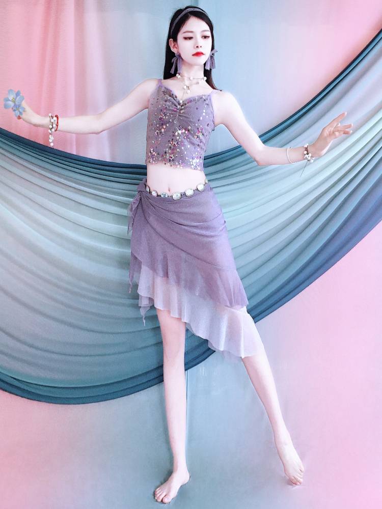 Belly dance exercises 2024 Purple beads embroidered ruffled triangular scarf set summer children's performance service beginners