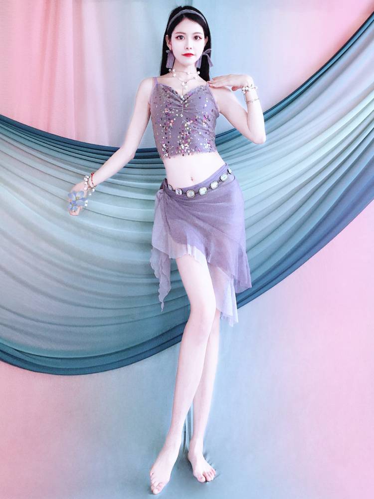 Belly dance exercises 2024 Purple beads embroidered ruffled triangular scarf set summer children's performance service beginners