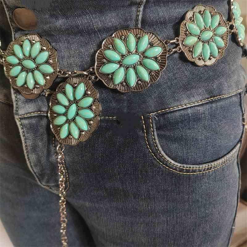 Belt female metal carved retro waist chain belly dance turquoise waist chain European and American jewelry explosion models