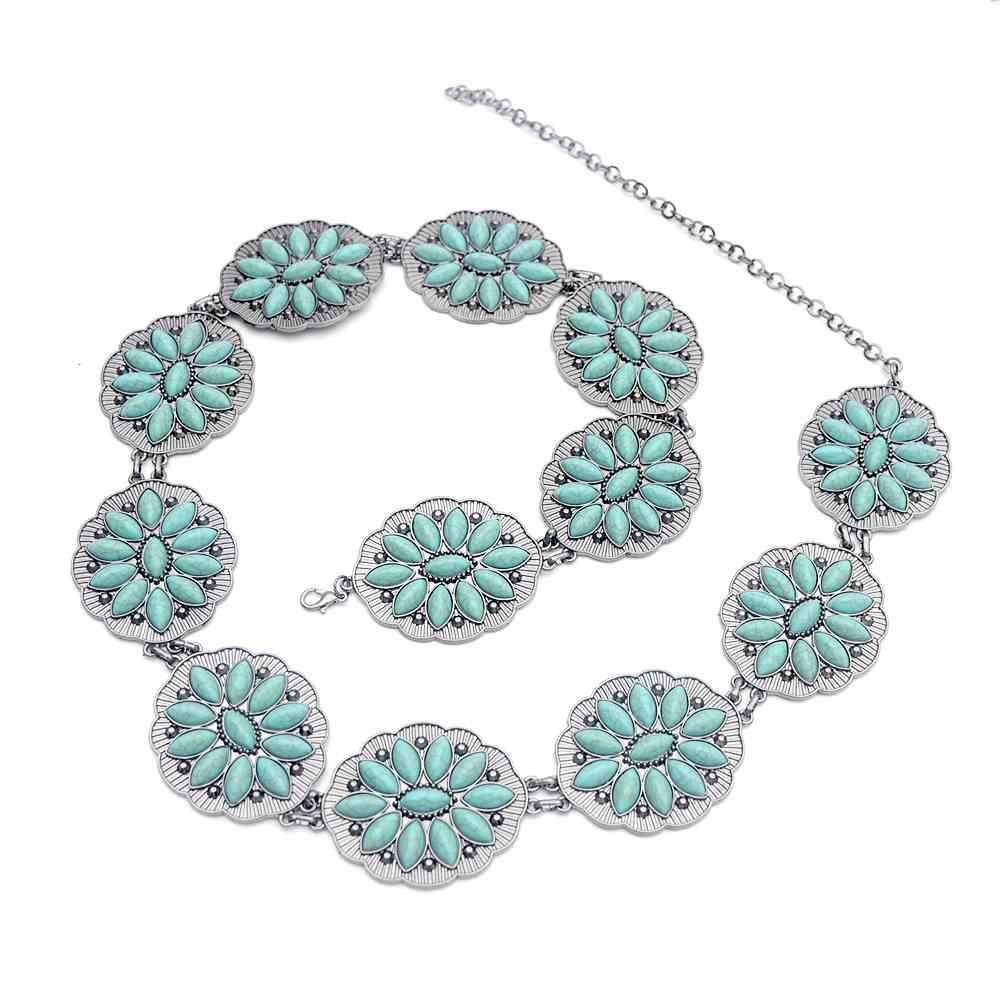 Belt female metal carved retro waist chain belly dance turquoise waist chain European and American jewelry explosion models