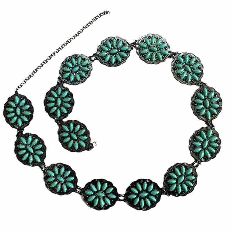 Belt female metal carved retro waist chain belly dance turquoise waist chain European and American jewelry explosion models