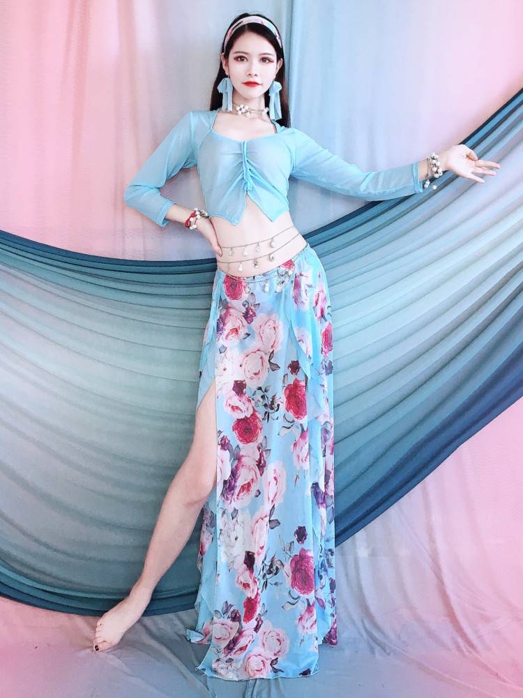New belly dance exercise V -neck suit French double split printed dance exercise service long skirt set beginners