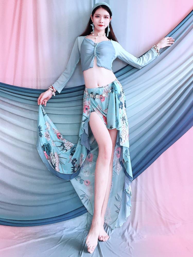 New belly dance exercise V -neck suit French double split printed dance exercise service long skirt set beginners