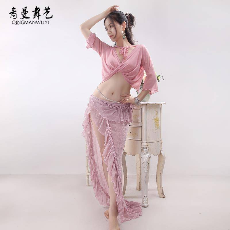 2024 new summer belly dance training season sex red sense two -wearing butterfly top color sheet skirt group performances