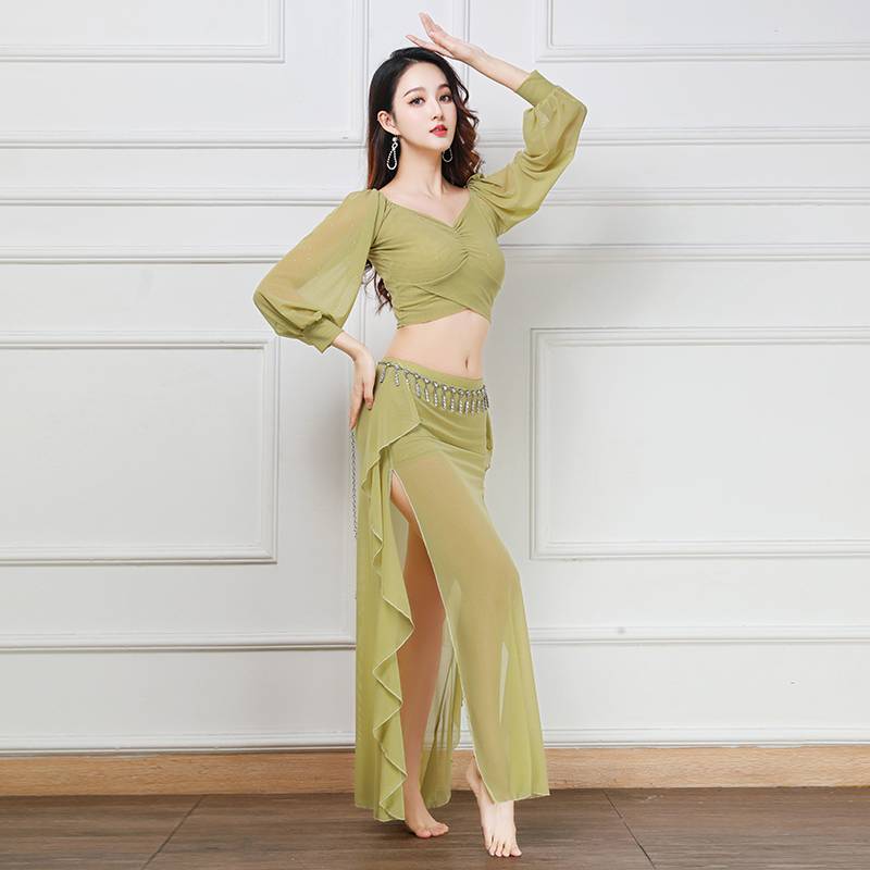 Belly dance exercises 2023 spring beginner dance clothes split long skirt net yarn and silver light z cage sleeve performance