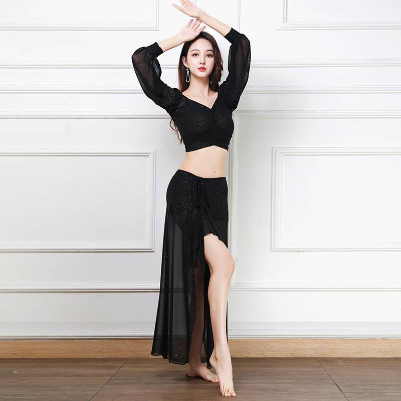 Belly dance exercises 2023 spring beginner dance clothes split long skirt net yarn and silver light z cage sleeve performance