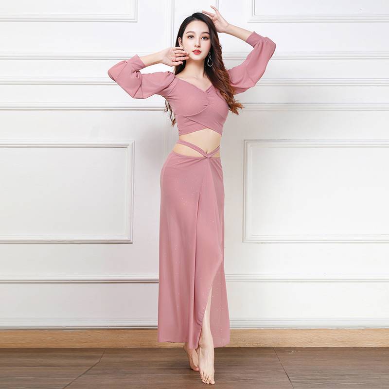 Belly dance exercises 2023 spring beginner dance clothes split long skirt net yarn and silver light z cage sleeve performance