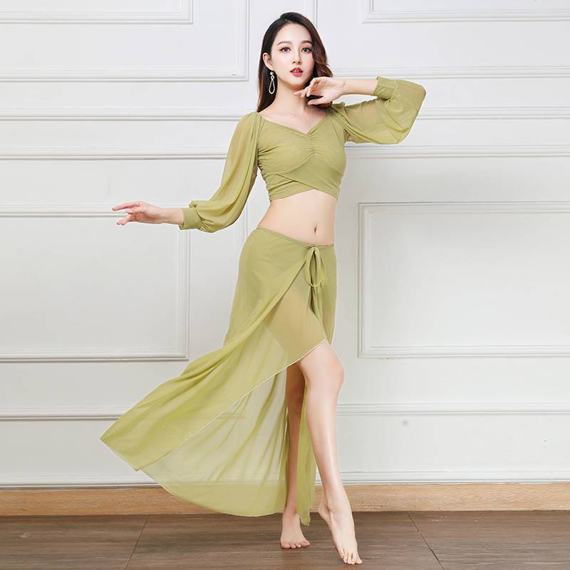 Belly dance exercises 2023 spring beginner dance clothes split long skirt net yarn and silver light z cage sleeve performance