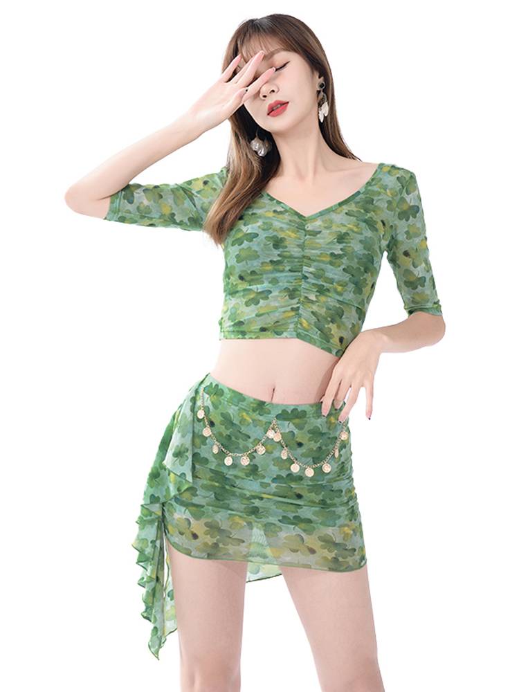 2024 Spring and Summer Belly Dance Server Skirt V -neck Top Mid -sleeved Top Glore Limb Chain Dance Dance Group Service