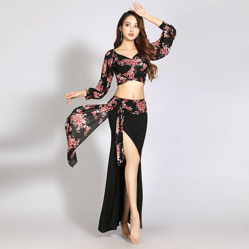 Belly Dance Practice Services 2022o New Lantern sleeve top Dance Oriental Dance Scholars Net Speed ​​Print Large Speed ​​Performance