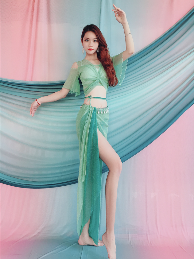 Baiya Qianhui Belly Dance 2024 New temperament Fairy Golden Light Green Long Dance Services Beginners Practice Service
