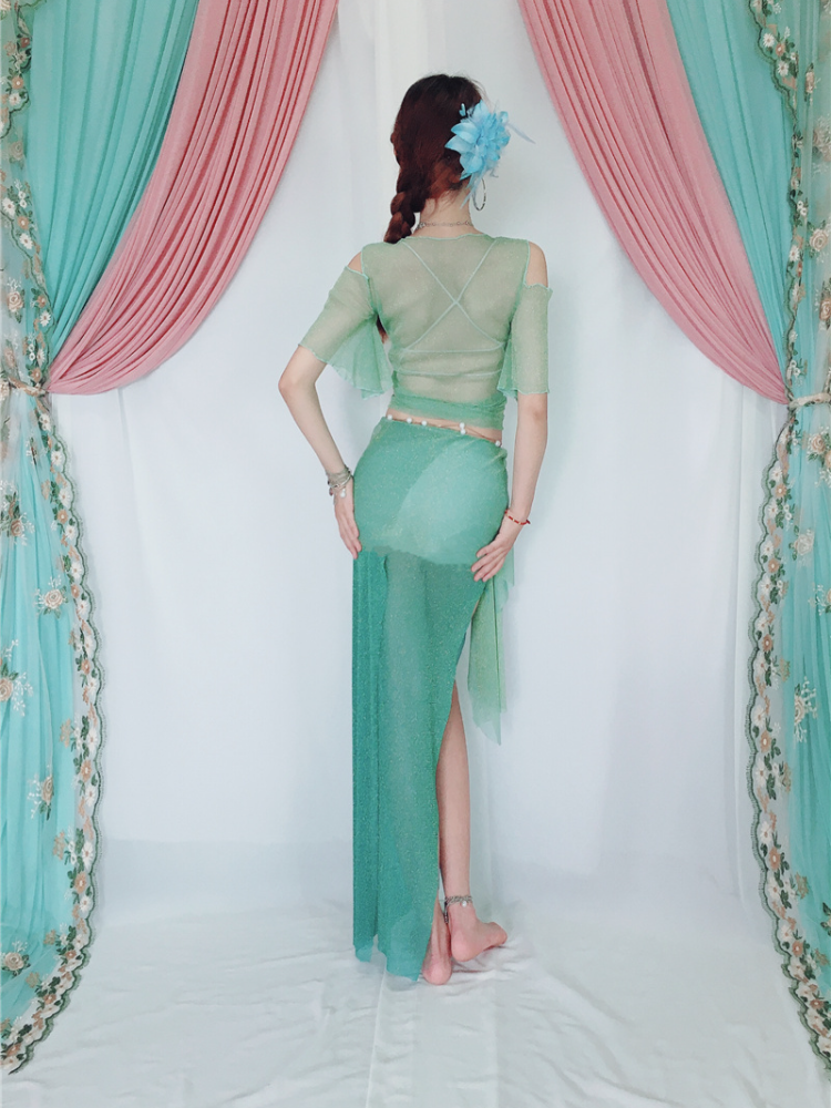 Baiya Qianhui Belly Dance 2024 New temperament Fairy Golden Light Green Long Dance Services Beginners Practice Service