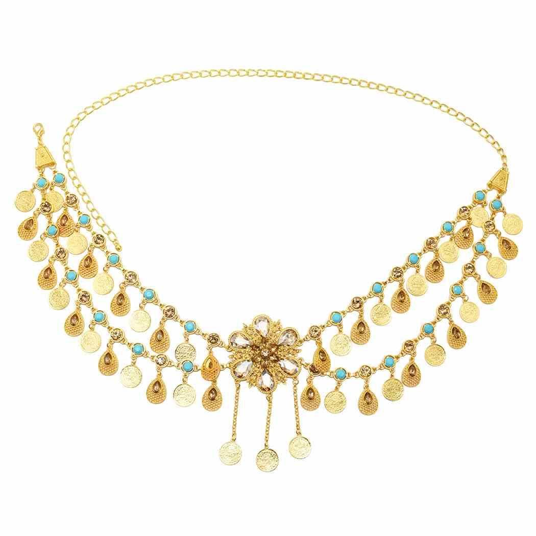 European and American fashion new models inlaid coins flowing Su waist chain beach casual belly dance water droplet body chain