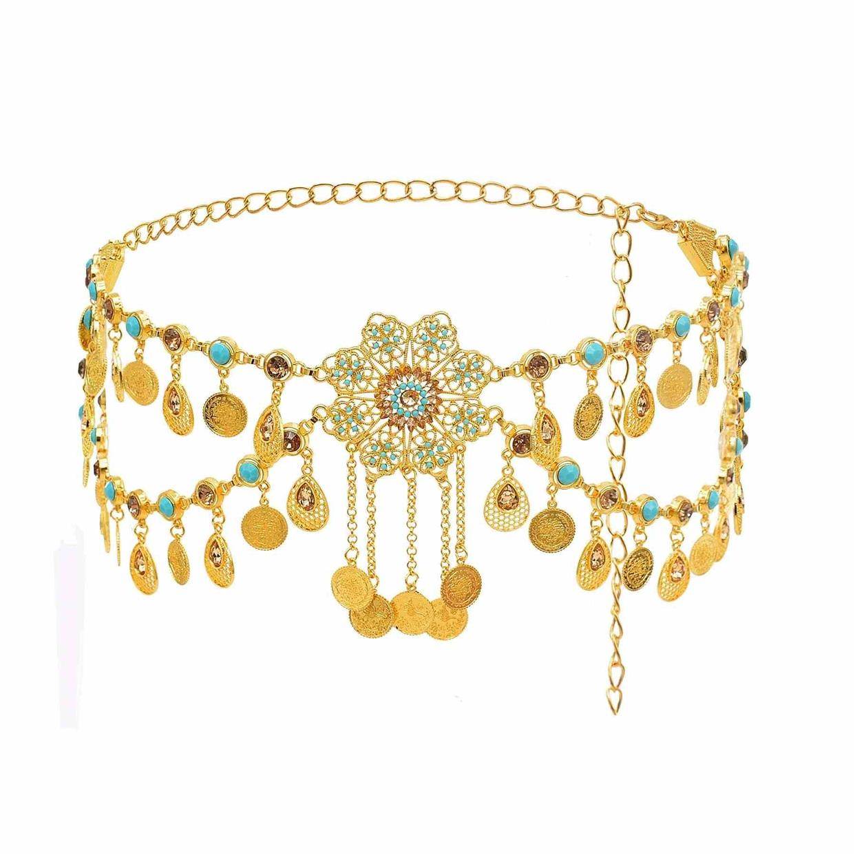 European and American fashion new models inlaid coins flowing Su waist chain beach casual belly dance water droplet body chain