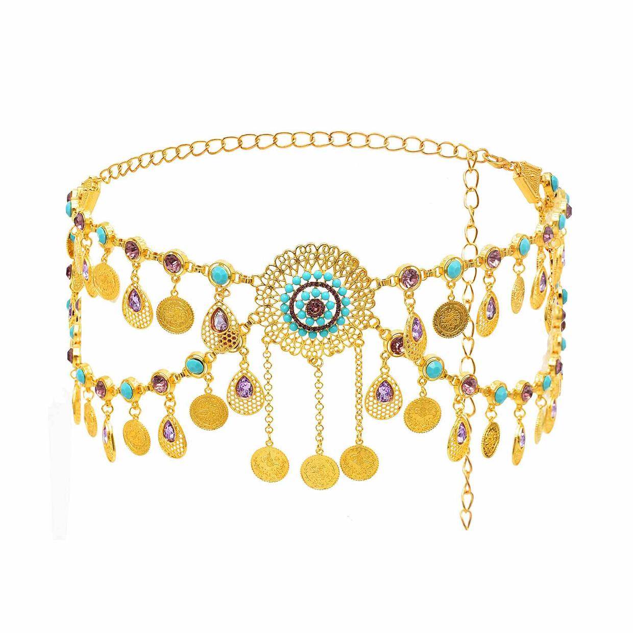 European and American fashion new models inlaid coins flowing Su waist chain beach casual belly dance water droplet body chain