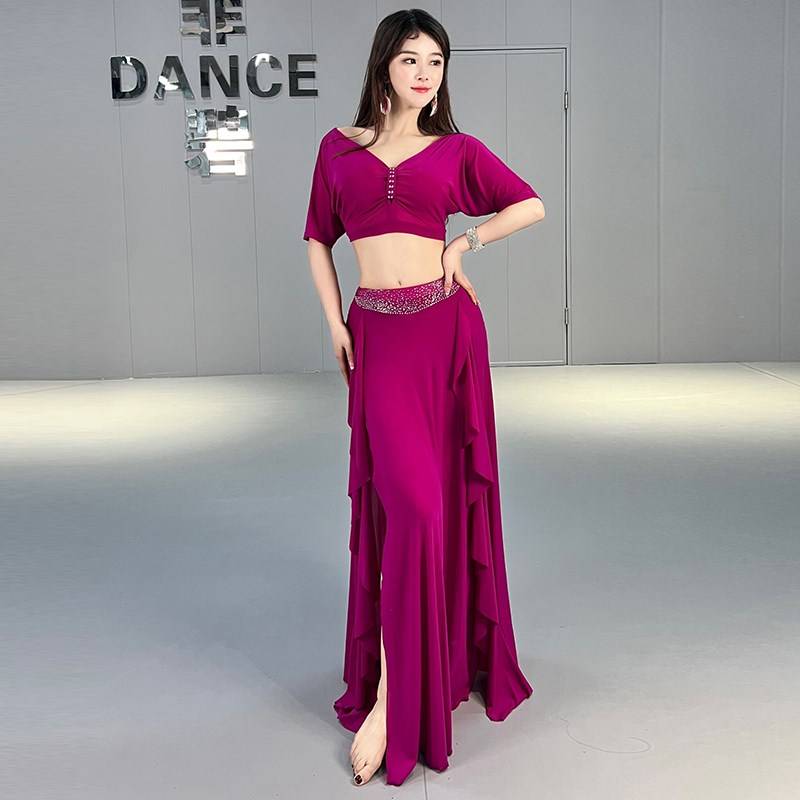 Belly dance exercises new I hot diamond water yarn long skirt high -end performance show showing thin set Oriental dance
