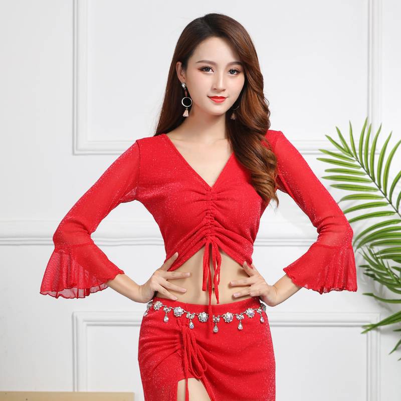 Belly dance top female 2024 new sexy net yarn practice clothing beginner belly dance oriental dance spring and autumn and winter