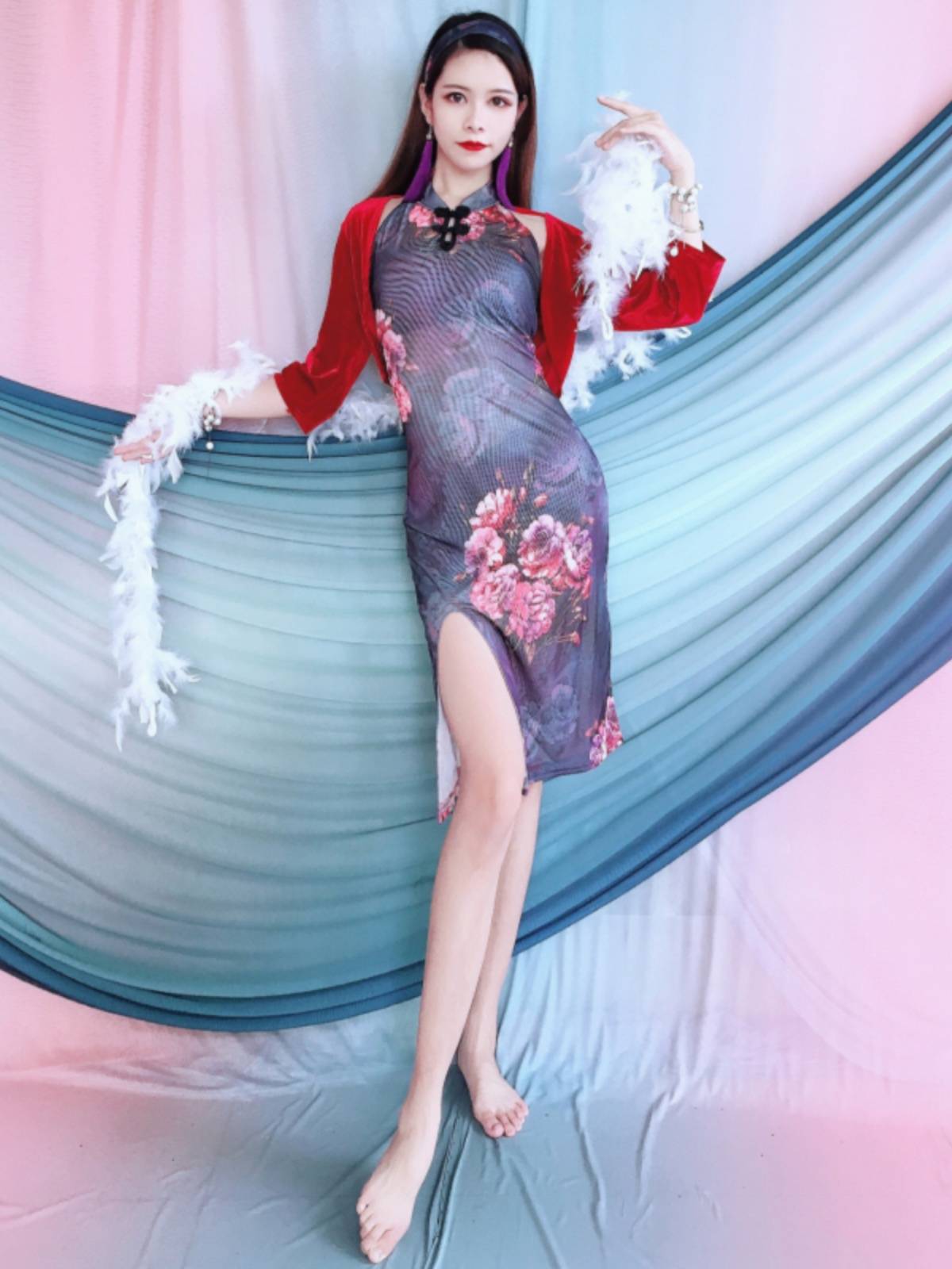 Belly Dance Classical Dance Summer Season Print Water Gauze Back Vocal Cheongsam Velvet Set Children Practice Performance Girl