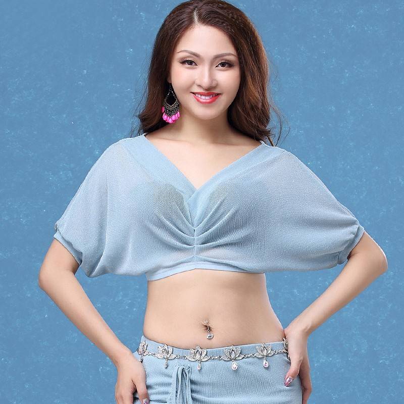 Sister Zicai Broken Clear Clear Belly Dance Dance Driven Practice Clothes Sexy mesh camisole off -shoulder short sleeve top