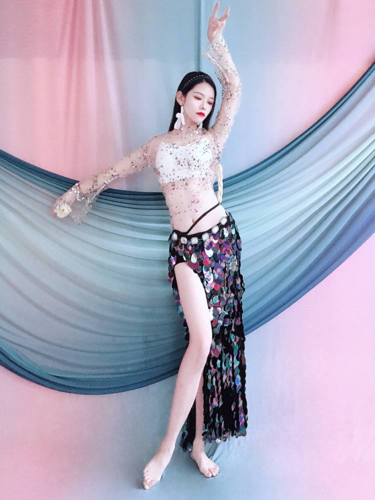 Belly dance exercises 2024 spring and summer new embroidered shirt sequins, fish tail hip hipline, oriental dance stage performance service