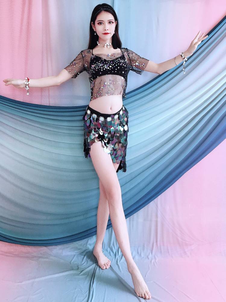 Belly dance exercises 2024 spring and summer new embroidered shirt sequins, fish tail hip hipline, oriental dance stage performance service