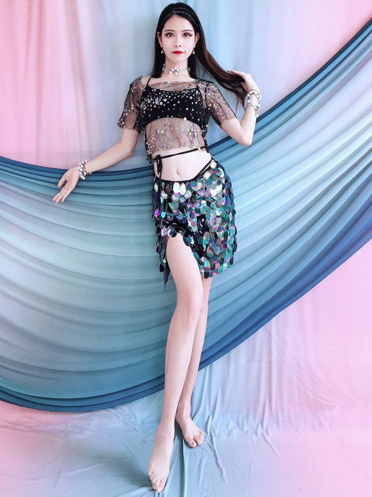 Belly dance exercises 2024 spring and summer new embroidered shirt sequins, fish tail hip hipline, oriental dance stage performance service