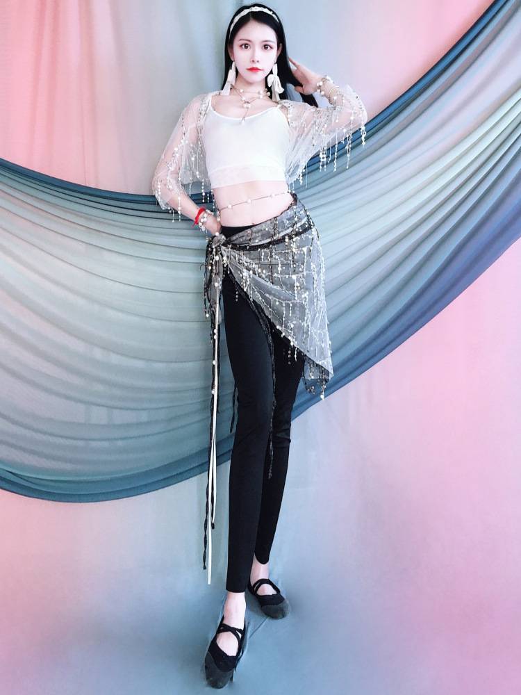 2024 Summer New Belly Dance Dance Experimental Server Sequenant Flash Sukan Shoulder Set Children's Performance Service Group Server