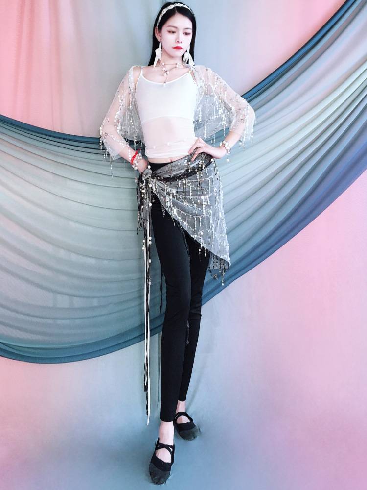 2024 Summer New Belly Dance Dance Experimental Server Sequenant Flash Sukan Shoulder Set Children's Performance Service Group Server