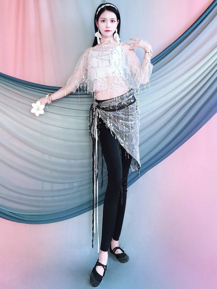 2024 Summer New Belly Dance Dance Experimental Server Sequenant Flash Sukan Shoulder Set Children's Performance Service Group Server