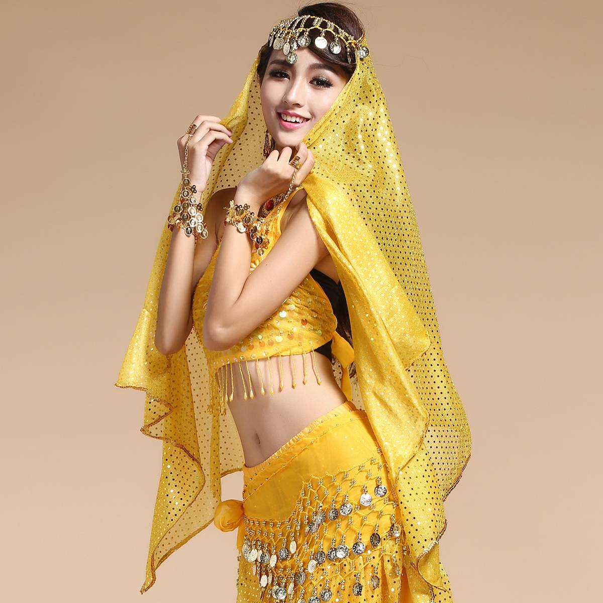 Indian dance head jewelry scarf header Xinjiang dance performance showed accessories belly dance bright spit bonus hanging coin head chain